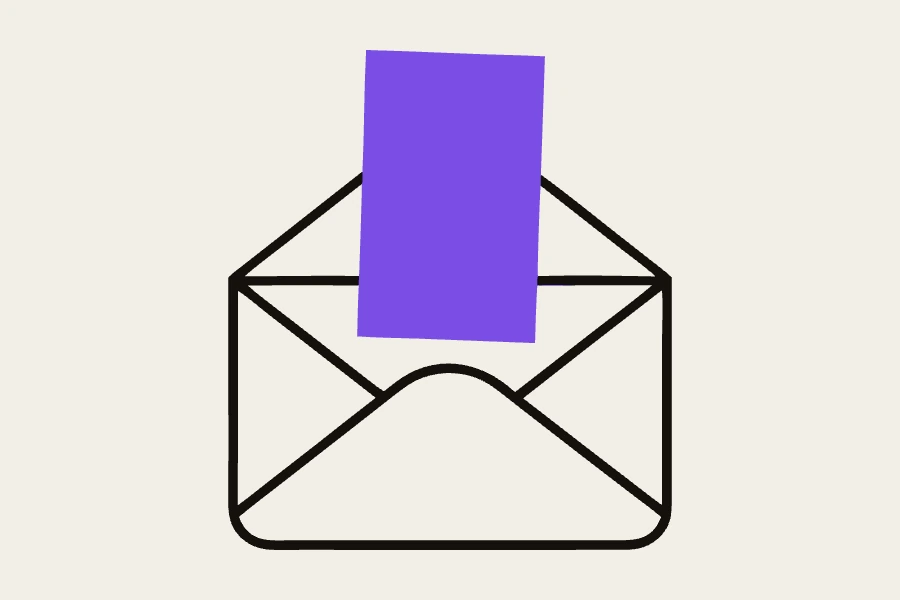 An open envelope with a violet reply card rising out of it.